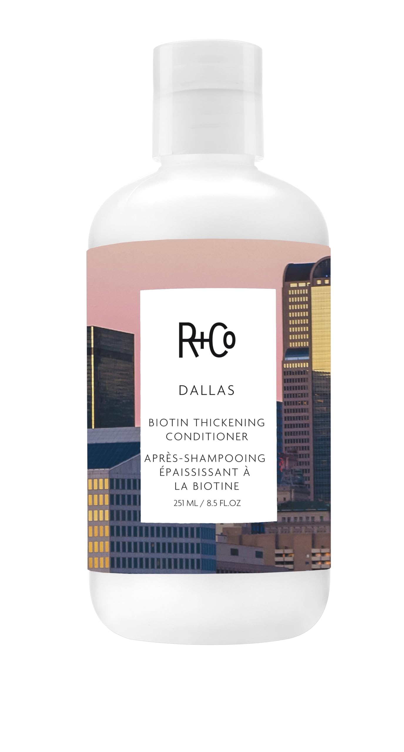 R+Co Dallas Biotin Thickening Conditioner bottle shows weightless hydration for fuller hair.