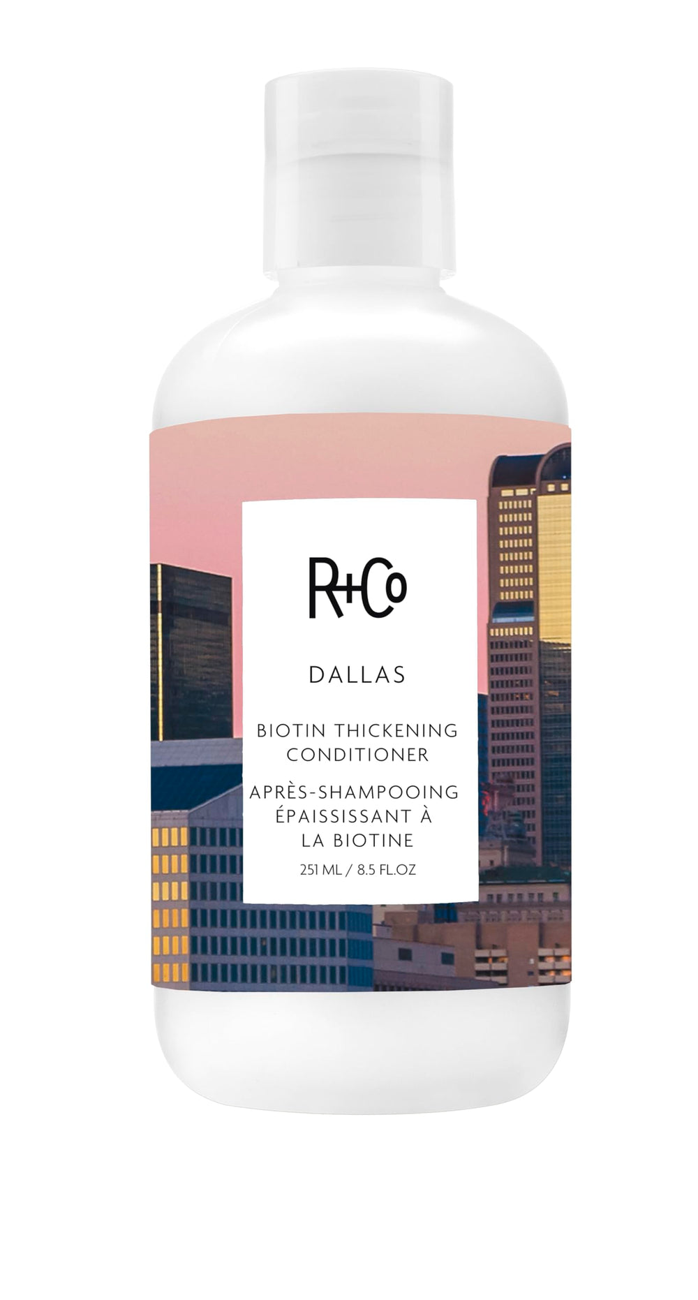 R+Co Dallas Biotin Thickening Conditioner bottle shows weightless hydration for fuller hair.