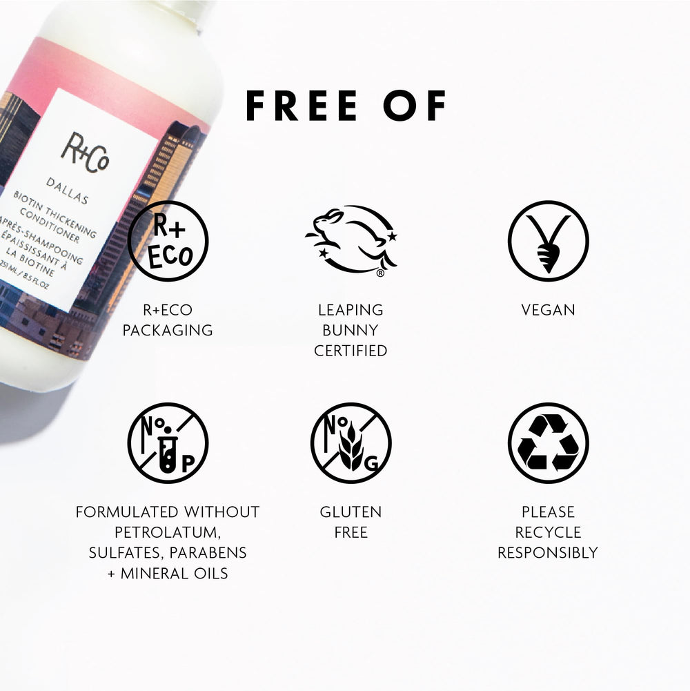 R+Co Dallas Biotin Thickening Conditioner dispense shot demonstrates easy, controlled application.