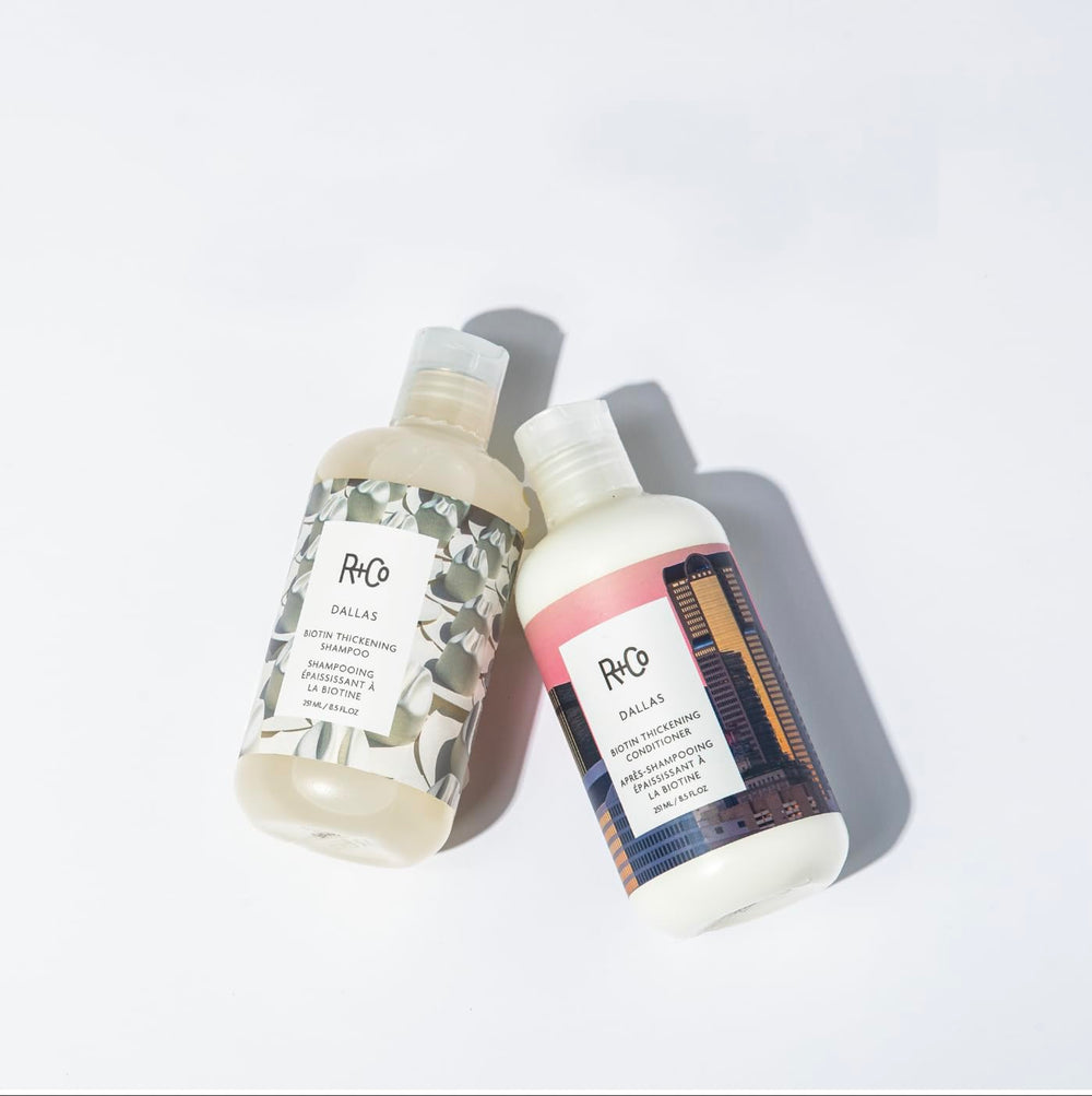 R+Co Dallas Biotin Thickening Conditioner worn on hair model showing natural volume.