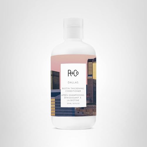 R+Co Dallas Biotin Thickening Conditioner ingredients highlight biotin-based, vegan formula.