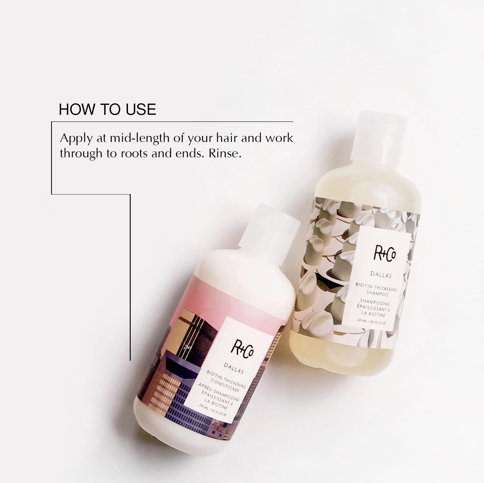 R+Co Dallas biotin shampoo label close-up highlighting strengthening and shine