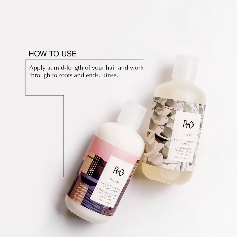 R+Co Dallas biotin shampoo label close-up highlighting strengthening and shine