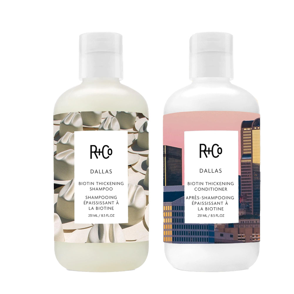 R+Co Dallas shampoo and conditioner bottles side by side for volumizing fuller hair