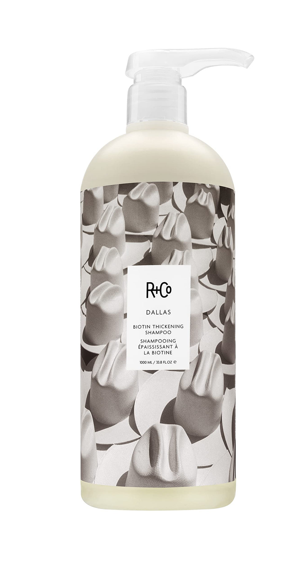 R+Co Dallas thickening shampoo bottle shows premium design for volumizing hair vitality