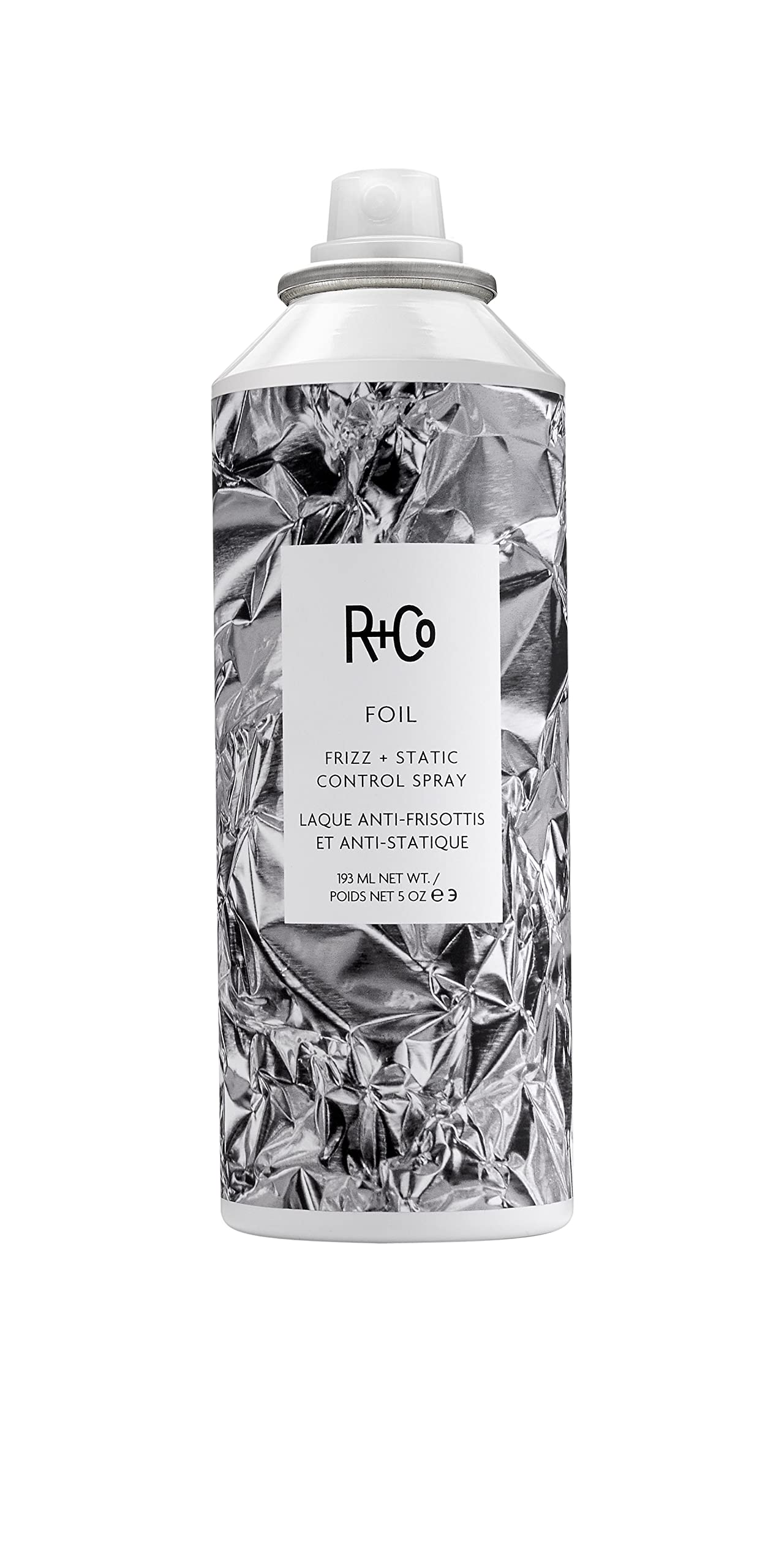 R+Co Foil Frizz Static Spray packaging shown for on-the-go frizz control.