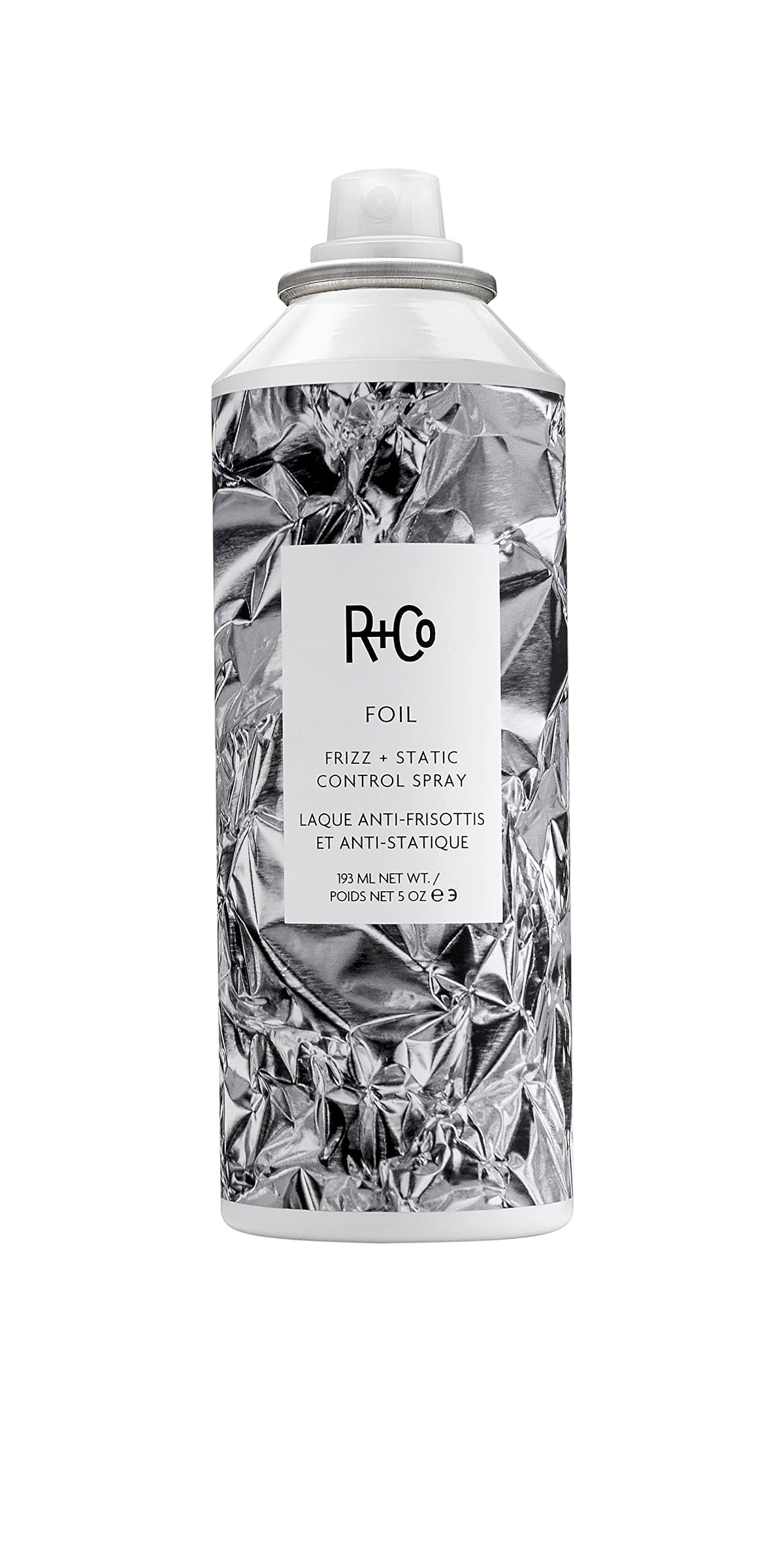 R+Co Foil Frizz Static Spray packaging shown for on-the-go frizz control.