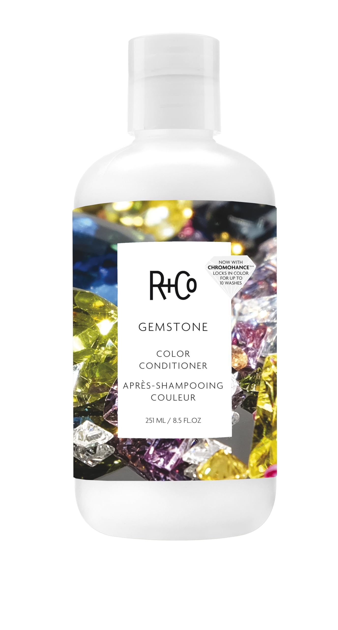 R+Co Gemstone Color Conditioner bottle close-up highlighting color-safe hydration.