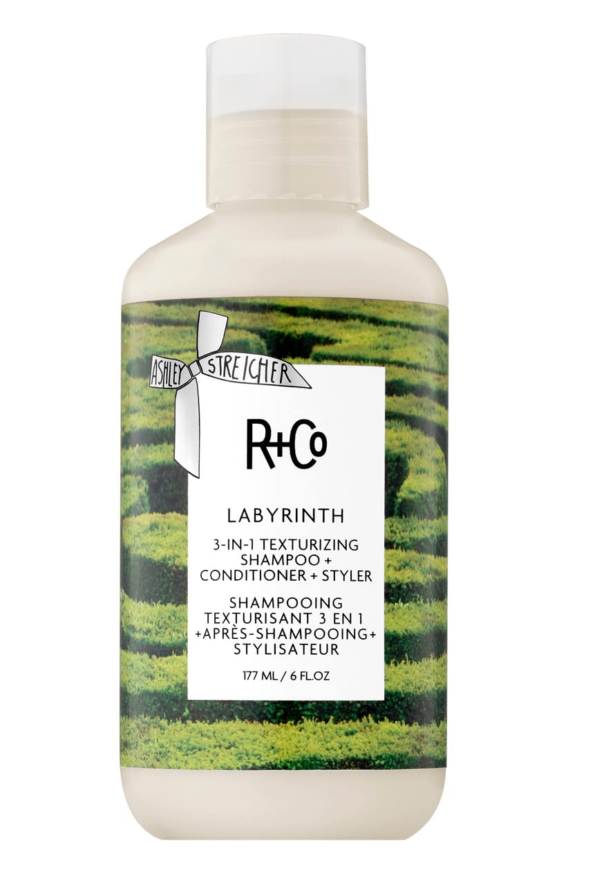 R+Co Labyrinth 3-in-1 shampoo bottle highlights touchable texture and volume.
