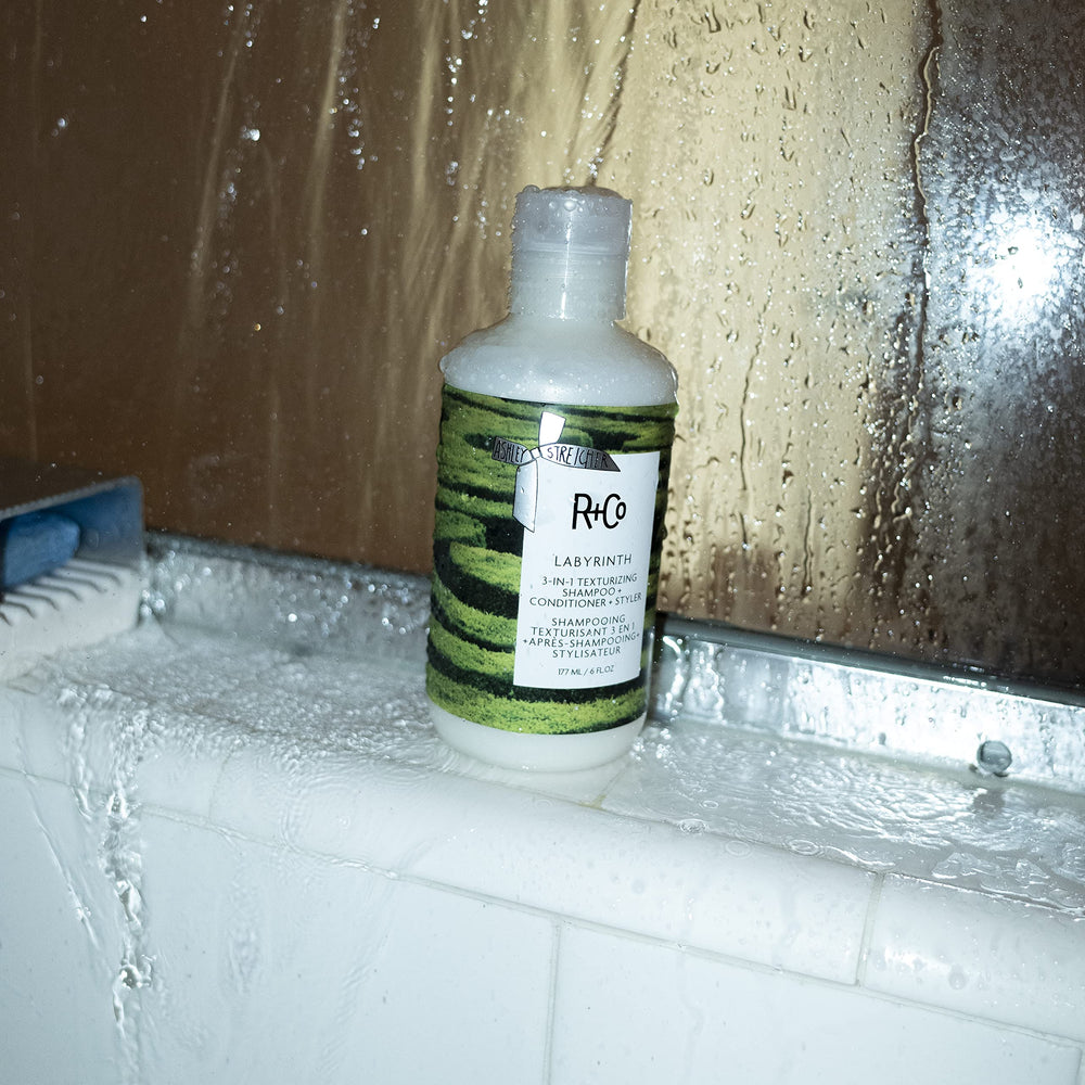 R+Co Labyrinth diatomaceous earth and polymers close-up for texture and sebum control.