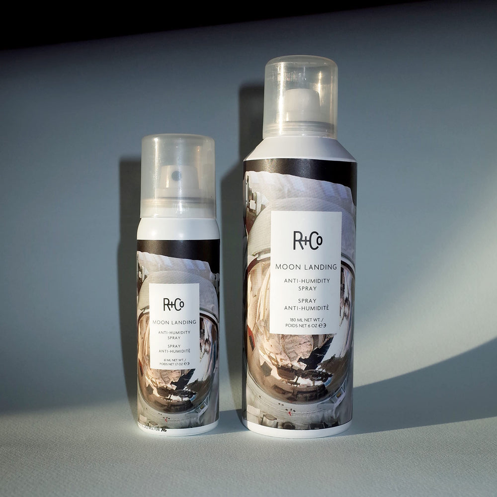 R+Co Moon Landing frizz control highlights results with humidity resistance and a satin finish.
