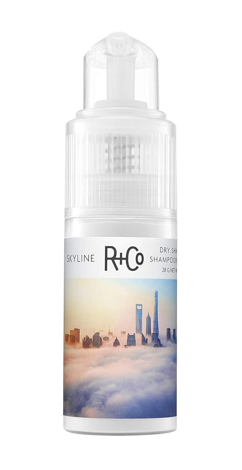 R+Co Skyline dry shampoo bottle demonstrating oil absorption and root lift.
