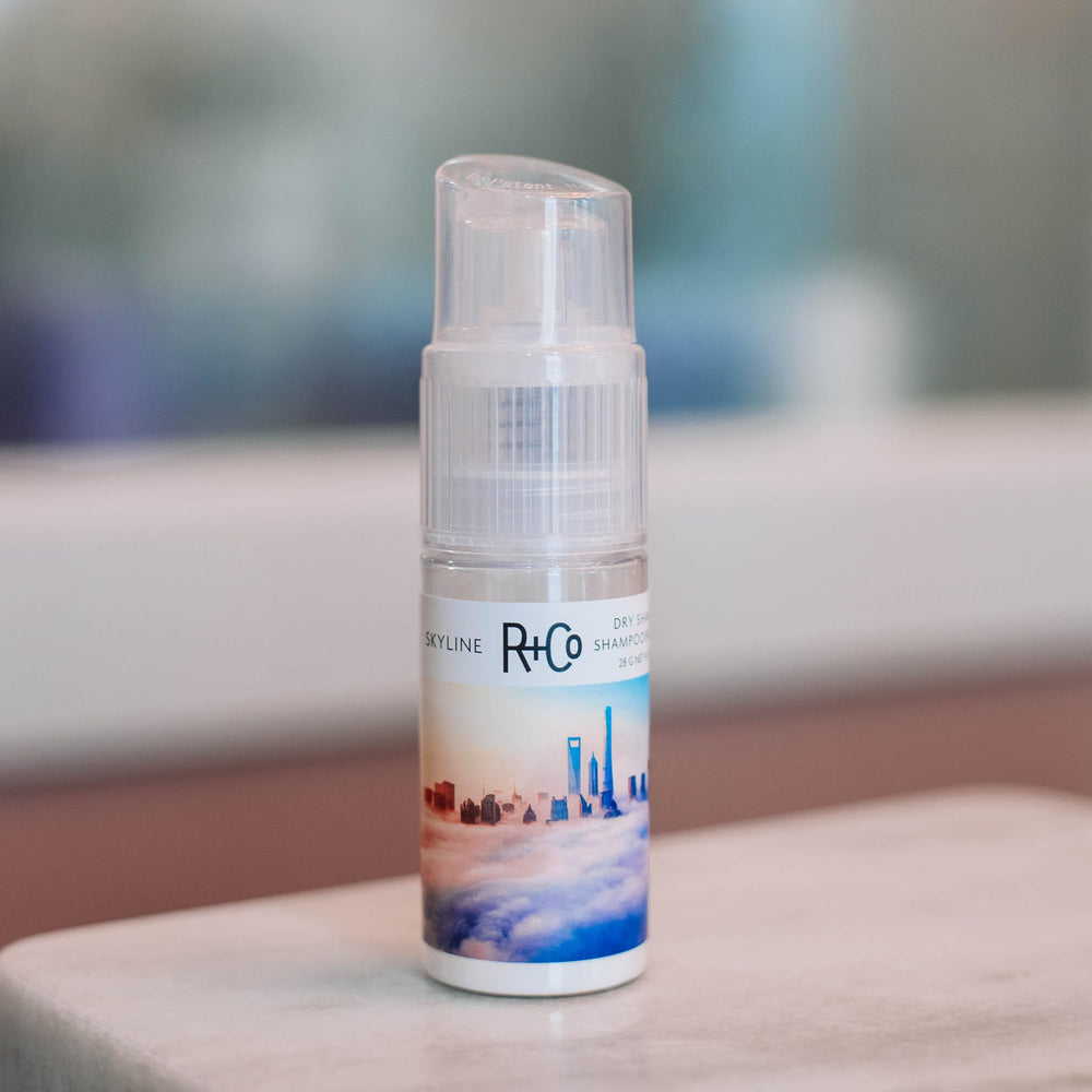 R+Co Skyline dry shampoo second-day hair with extra volume texture.