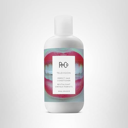 R+Co Television Perfect Hair Conditioner on vanity with sunlit strands suggests healthier-looking hair