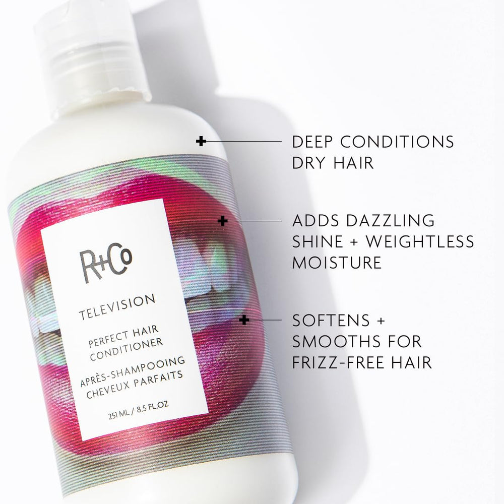 R+Co Television conditioner label closeup highlights vegan, cruelty-free formulation for ethical care