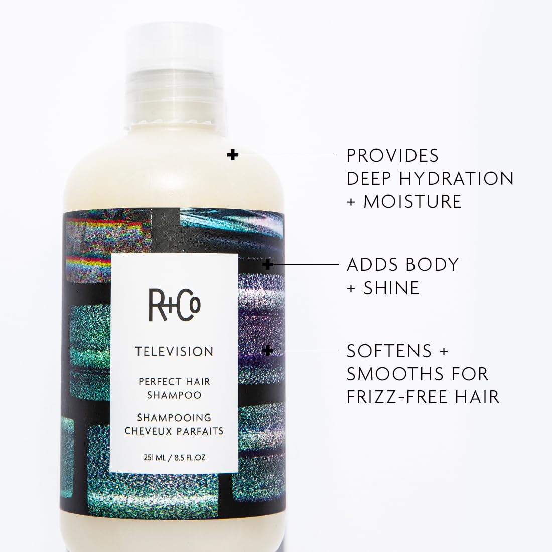 R+Co Television Perfect Hair Shampoo foamy lather in hand signals moisture-balanced cleansing.