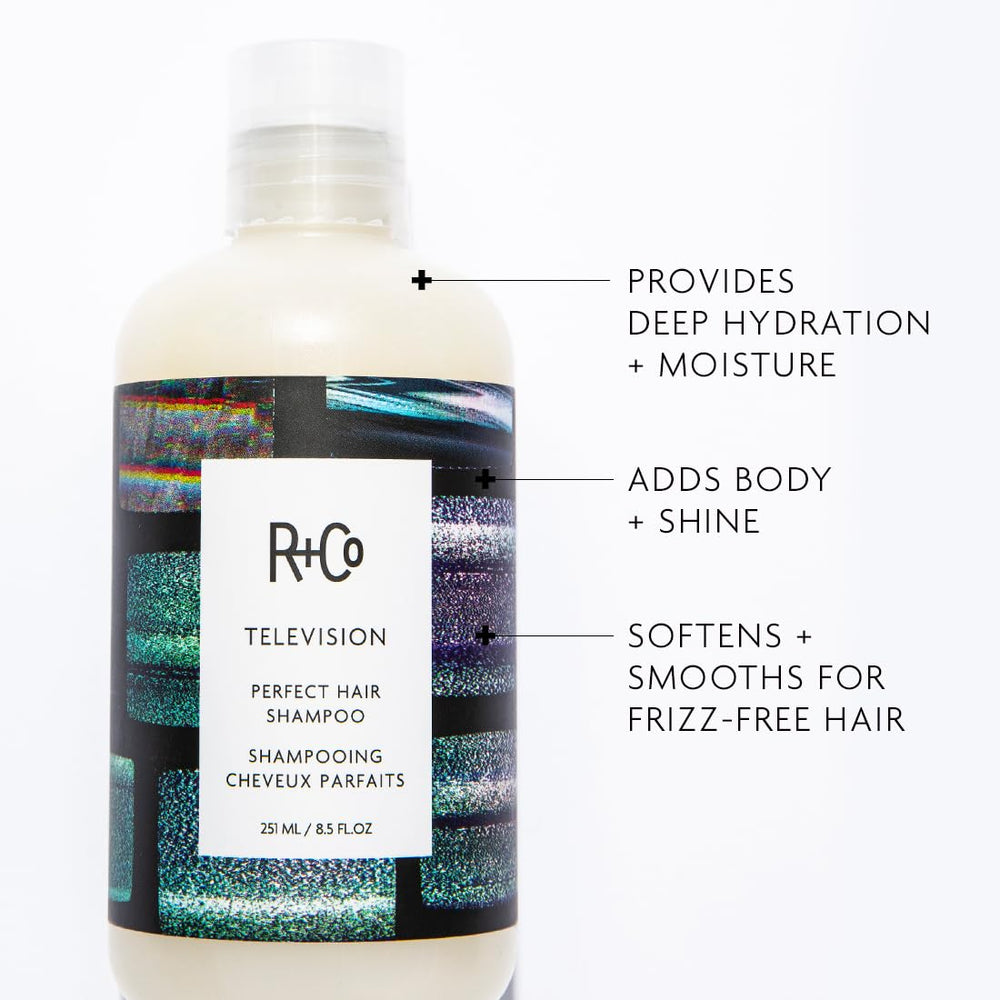 R+Co Television Perfect Hair Shampoo foamy lather in hand signals moisture-balanced cleansing.