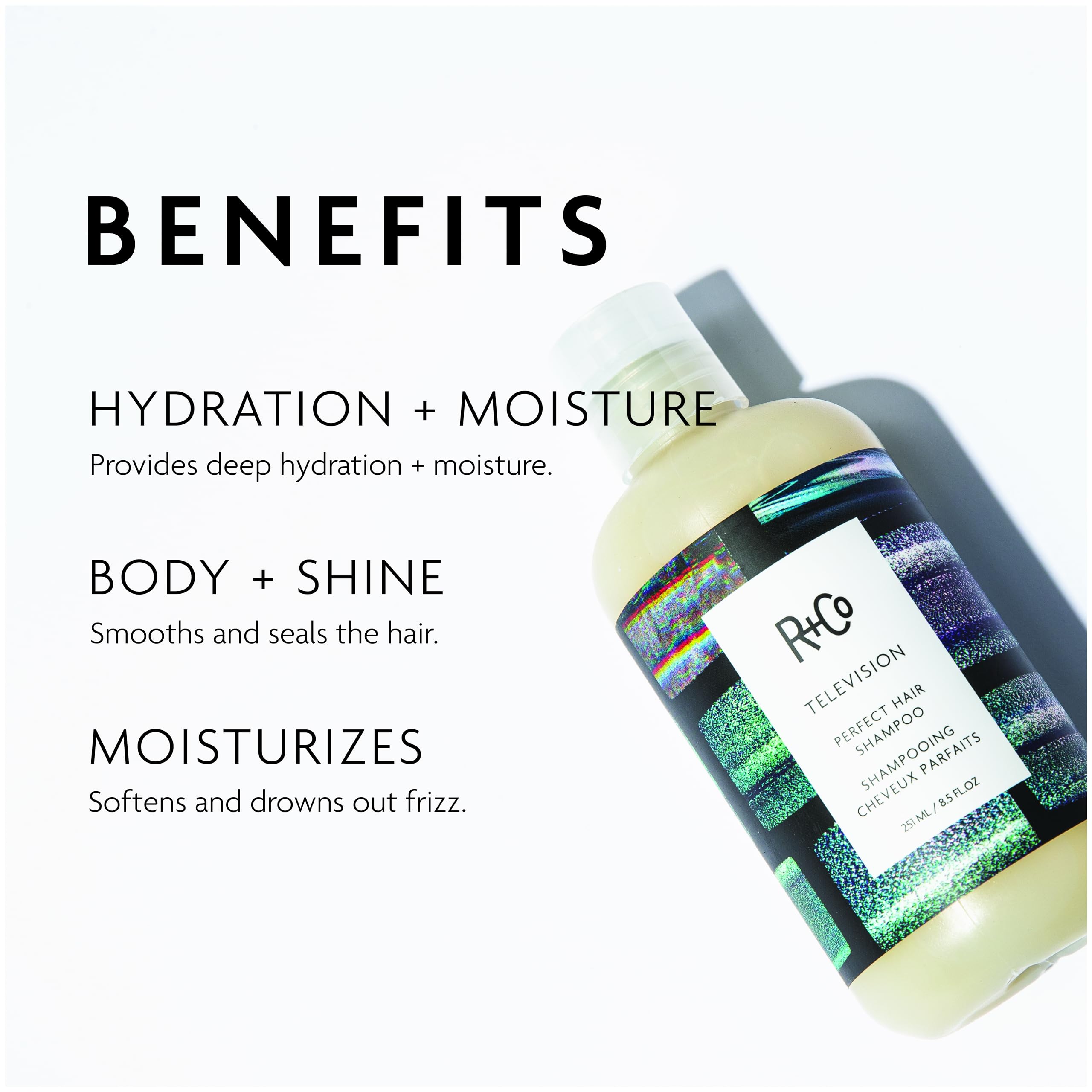 R+Co Television Perfect Hair Shampoo being poured demonstrates scalp detox and clarity.