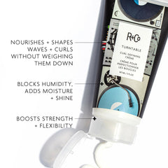 R+Co TURNTABLE label close-up emphasizing moisture-focused formula for defined curls
