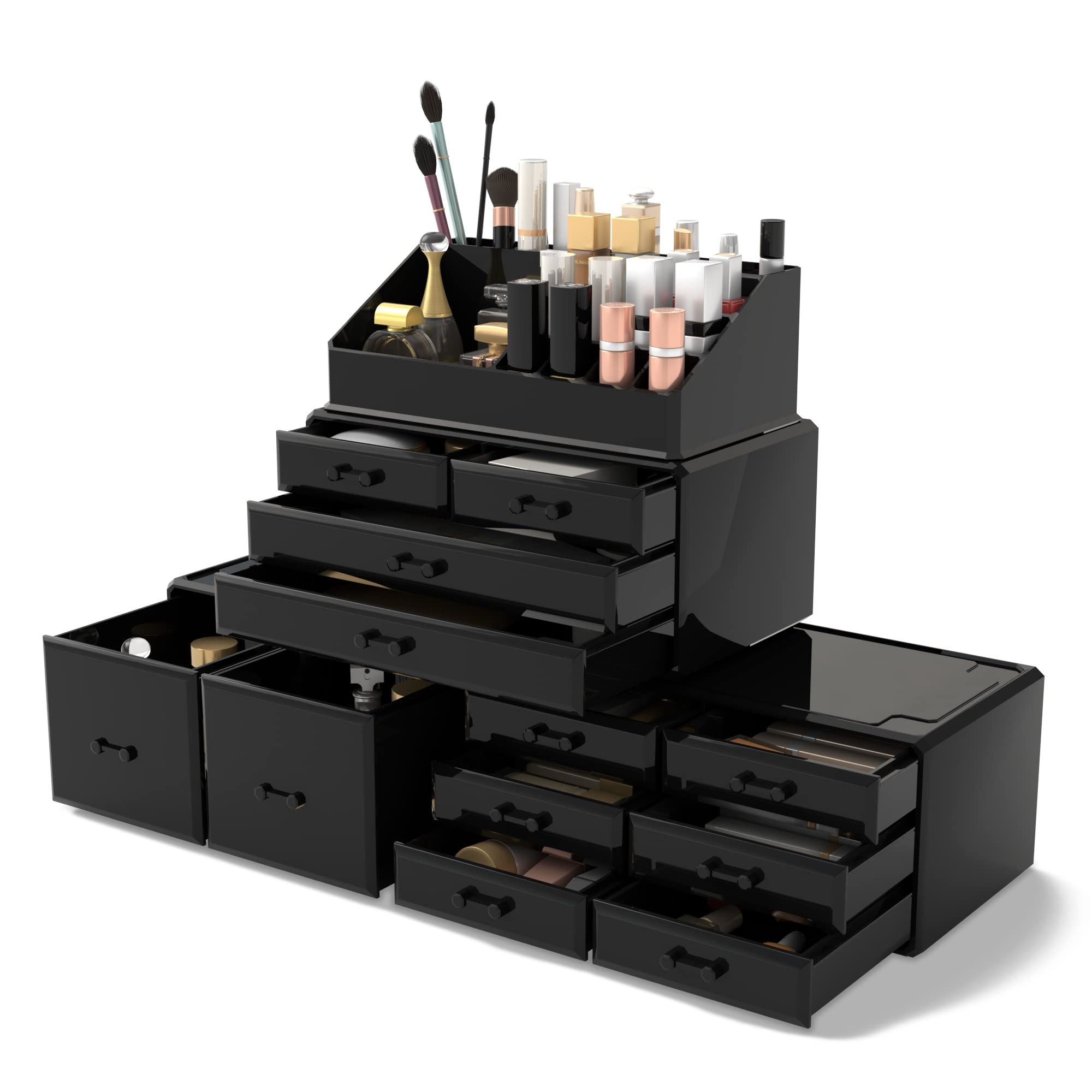 READAEER makeup organizer with 12 drawers keeps cosmetics neatly organized and accessible.