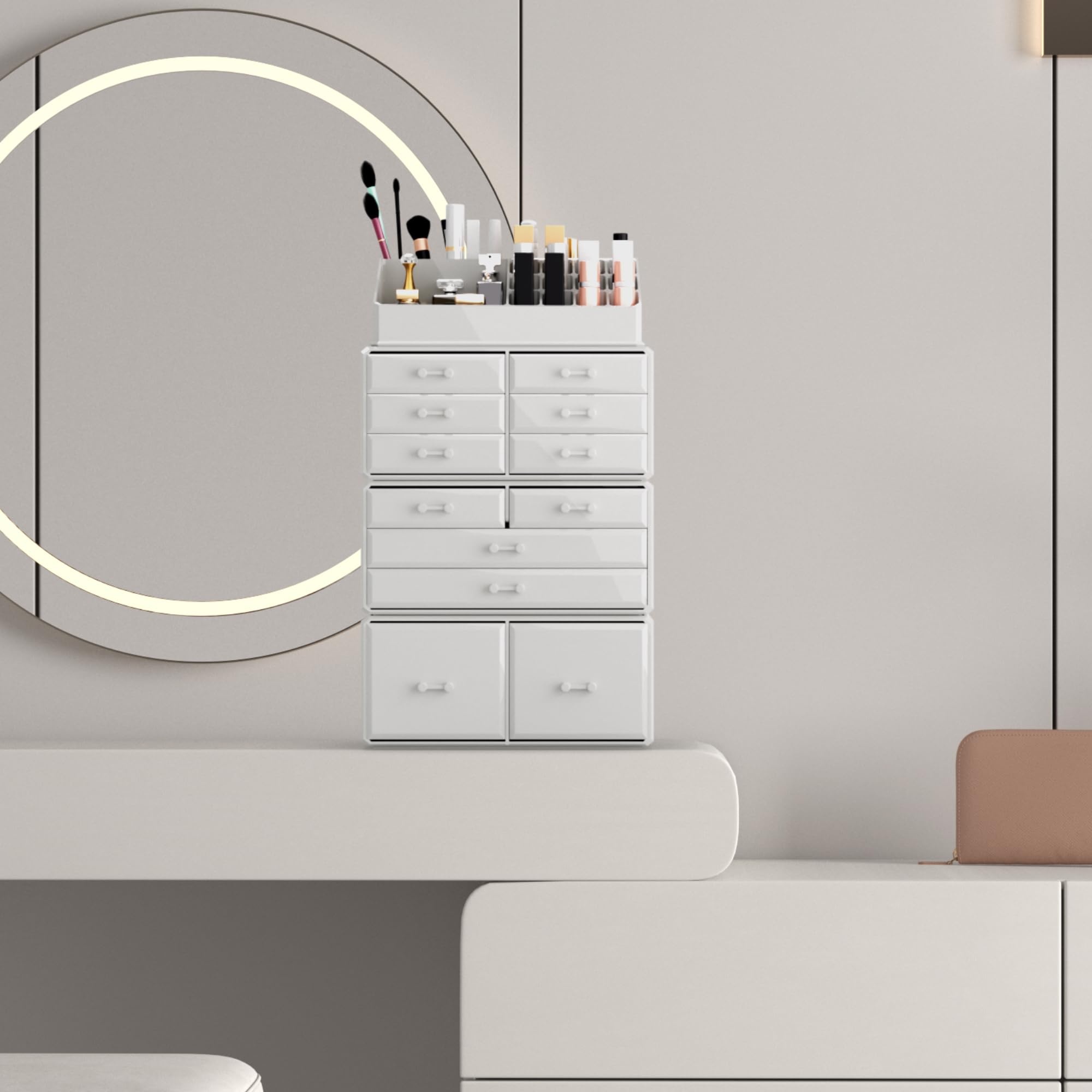 READAEER makeup organizer with drawer open demonstrates oversized drawer capacity for larger items.