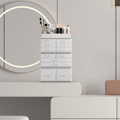 READAEER makeup organizer with drawer open demonstrates oversized drawer capacity for larger items.
