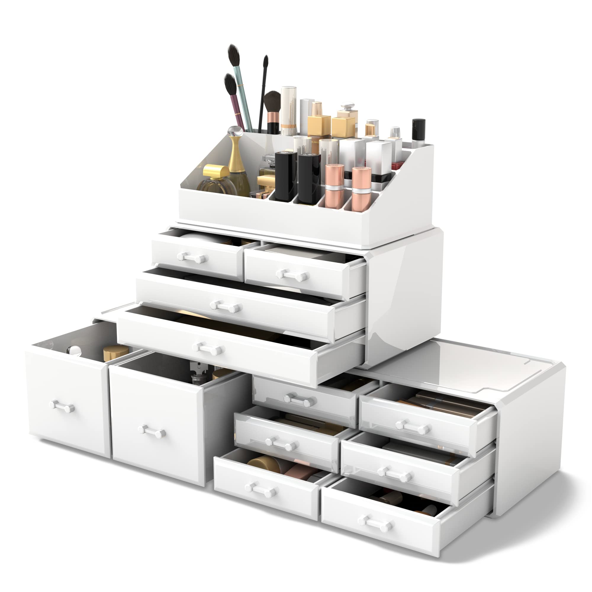 READAEER makeup organizer front view shows a clean white design with accessible drawers.