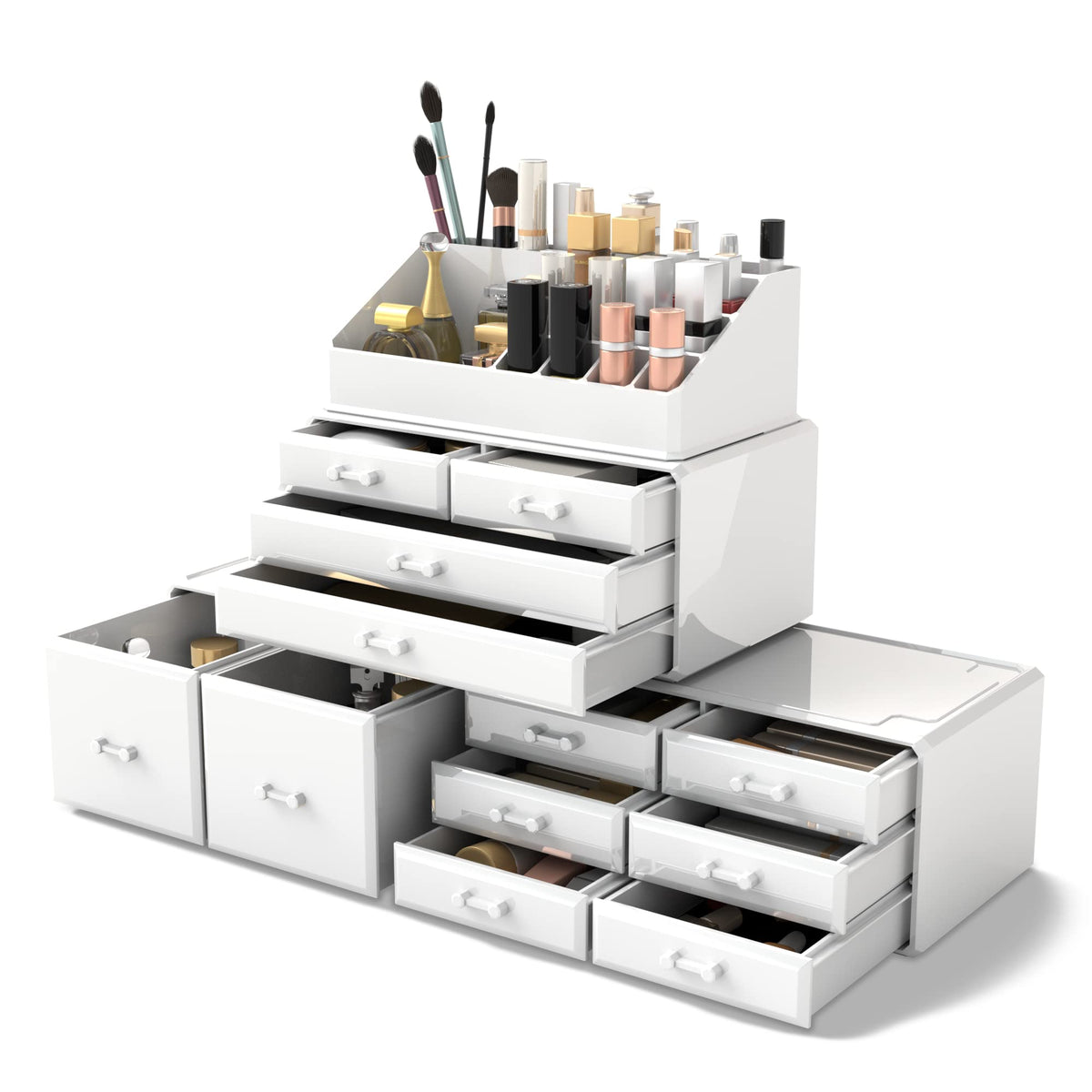 READAEER makeup organizer front view shows a clean white design with accessible drawers.