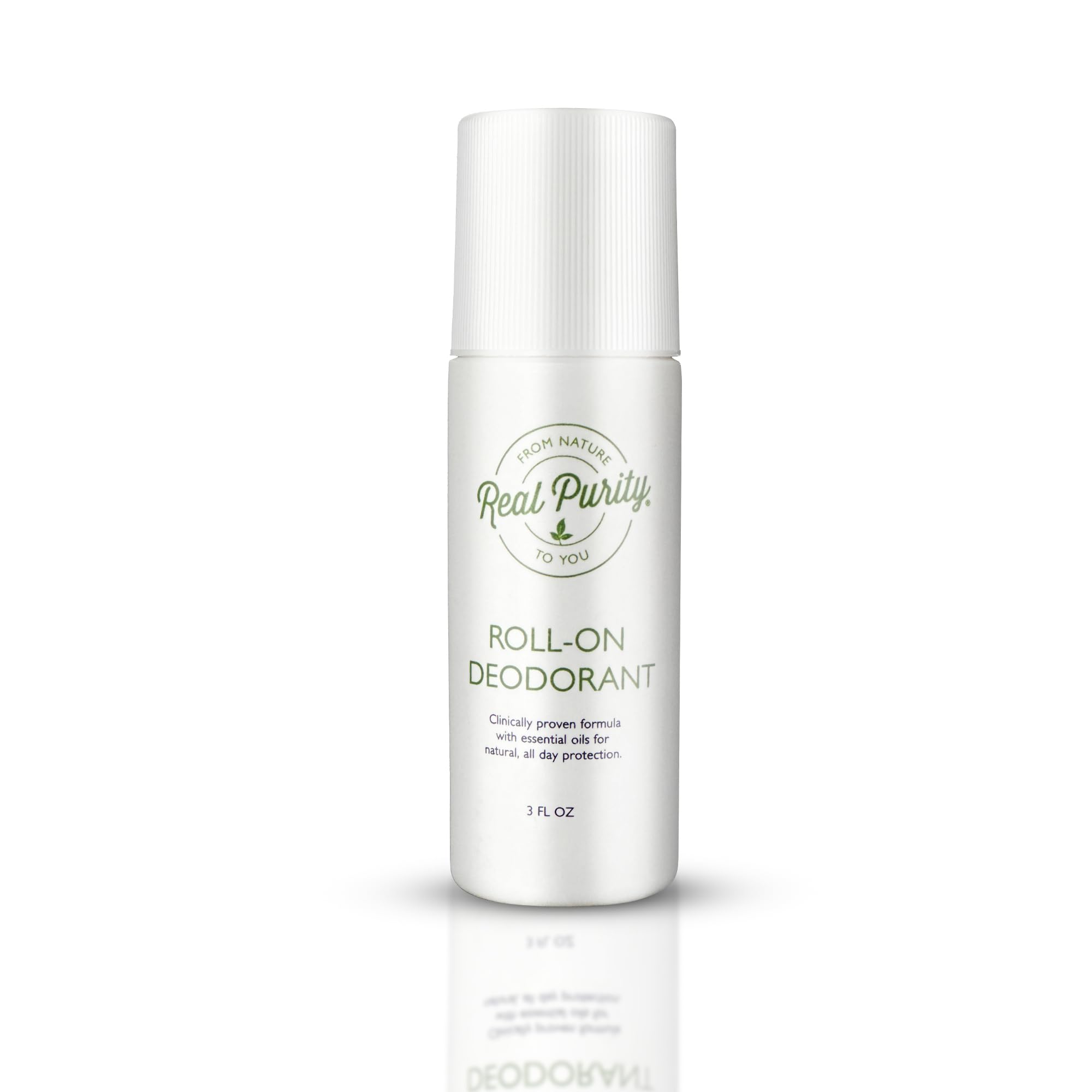 Real Purity Roll-On Deodorant bottle closeup shows gentle, long-lasting protection for sensitive skin