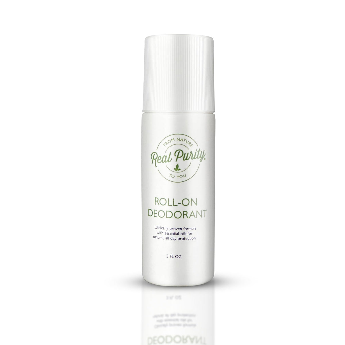 Real Purity Roll-On Deodorant bottle closeup shows gentle, long-lasting protection for sensitive skin
