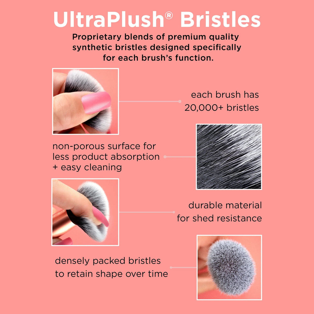 Real Techniques ultra-plush synthetic bristles highlight softness and even product pickup