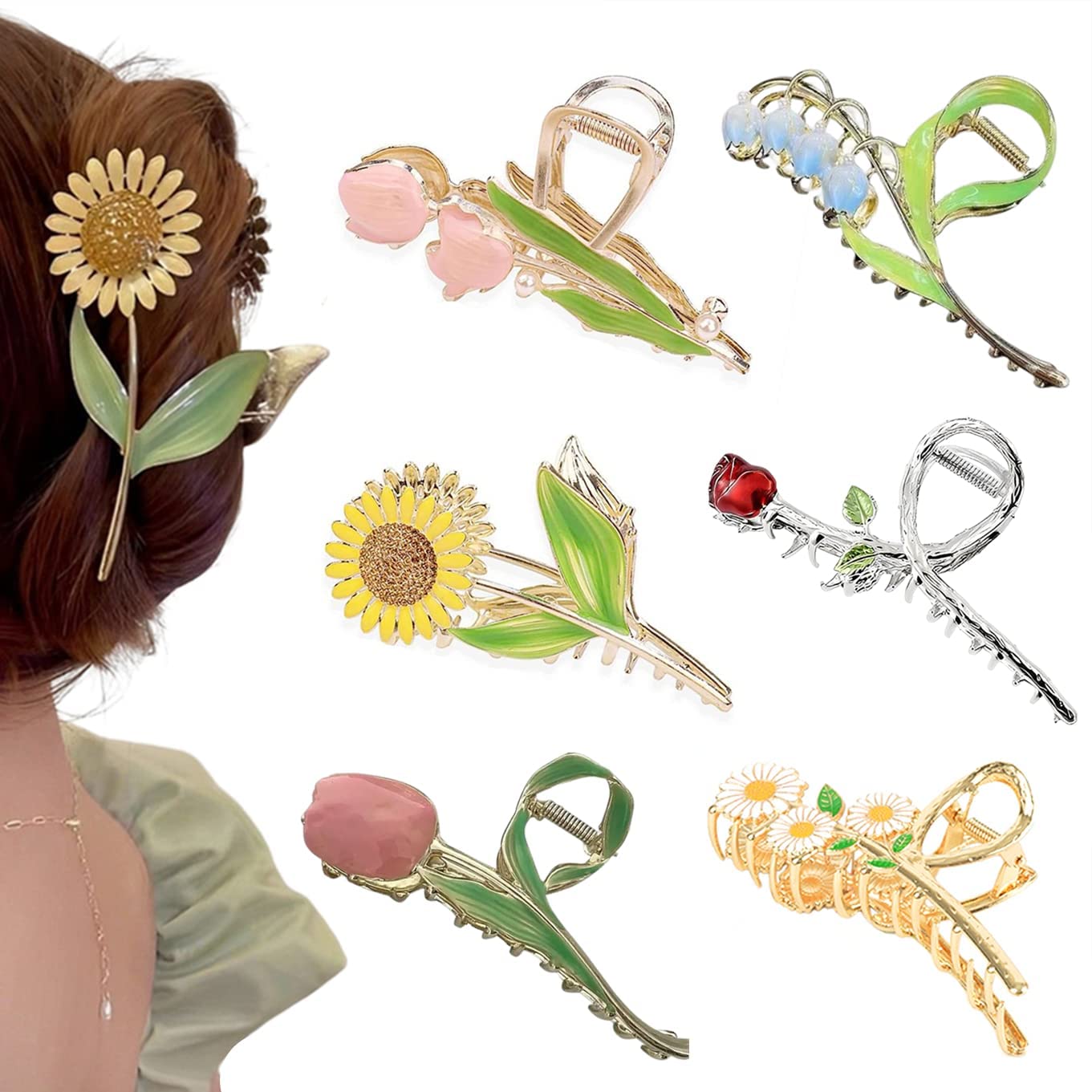REALHUNLEE flower claw clip close-up shows durable metal grip for secure styling.