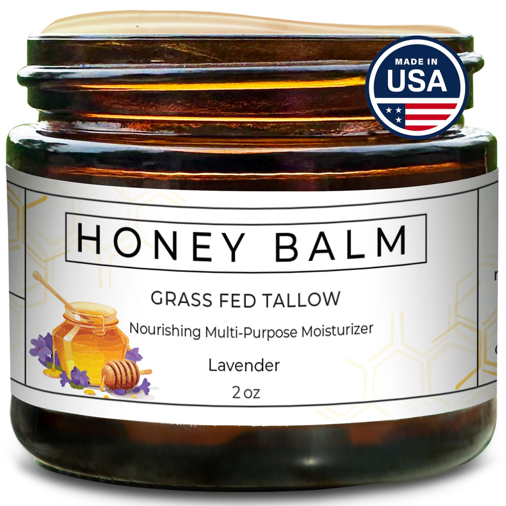 Really Good Blends Tallow Honey Balm jar closeup shows rich moisture and lavender scent