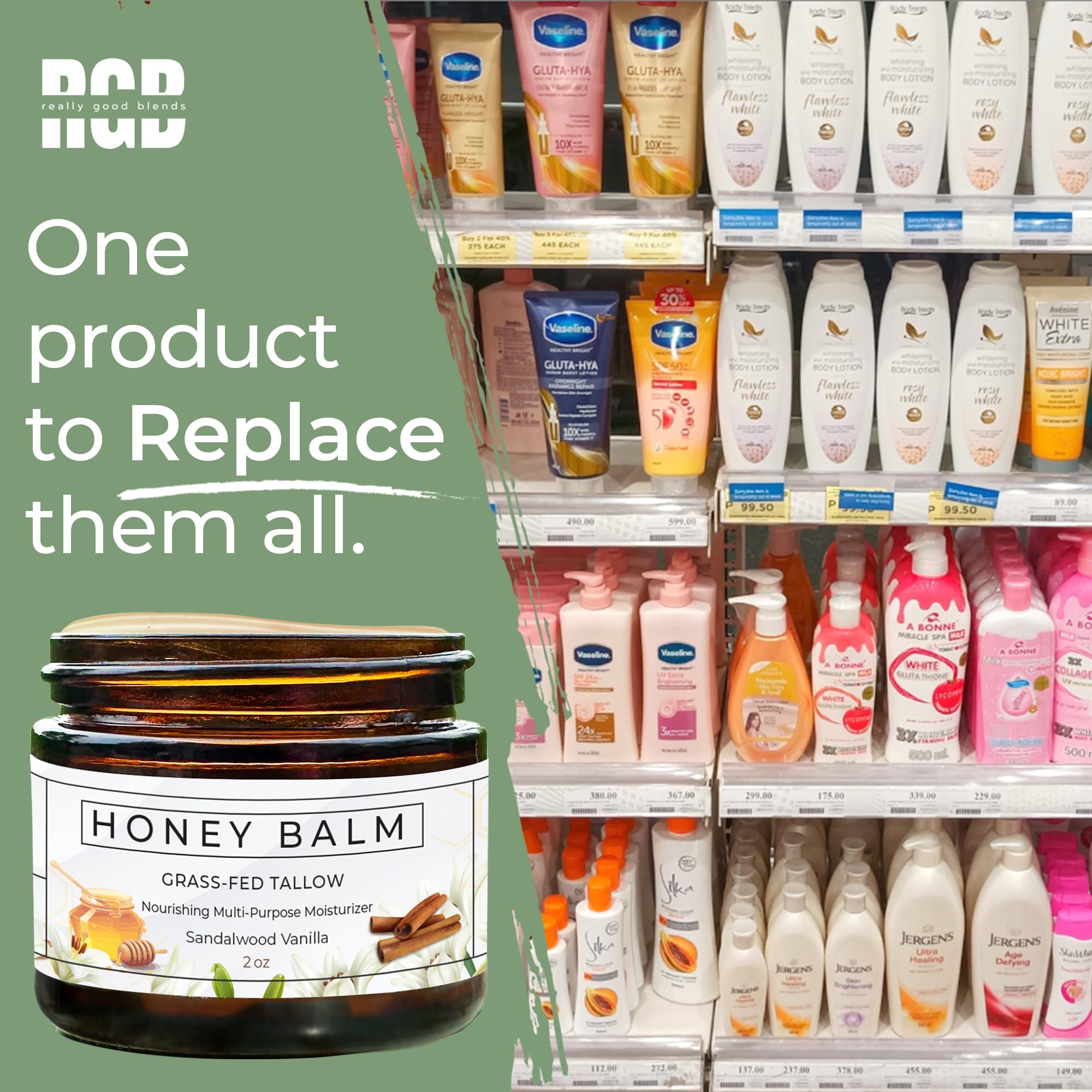 Really Good Blends Tallow Honey Balm body usage for all-over hydration.