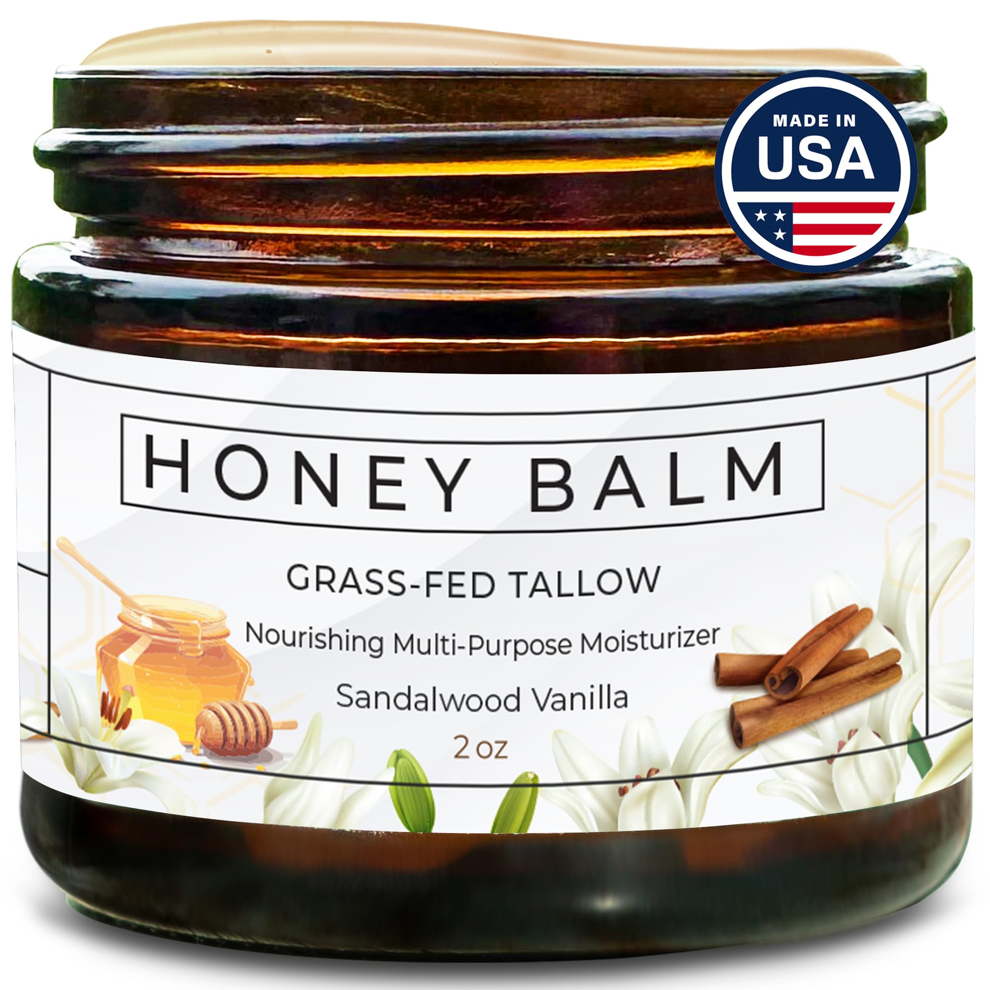 Really Good Blends Tallow Honey Balm jar closeup showing nourishing ingredients for dry skin relief.