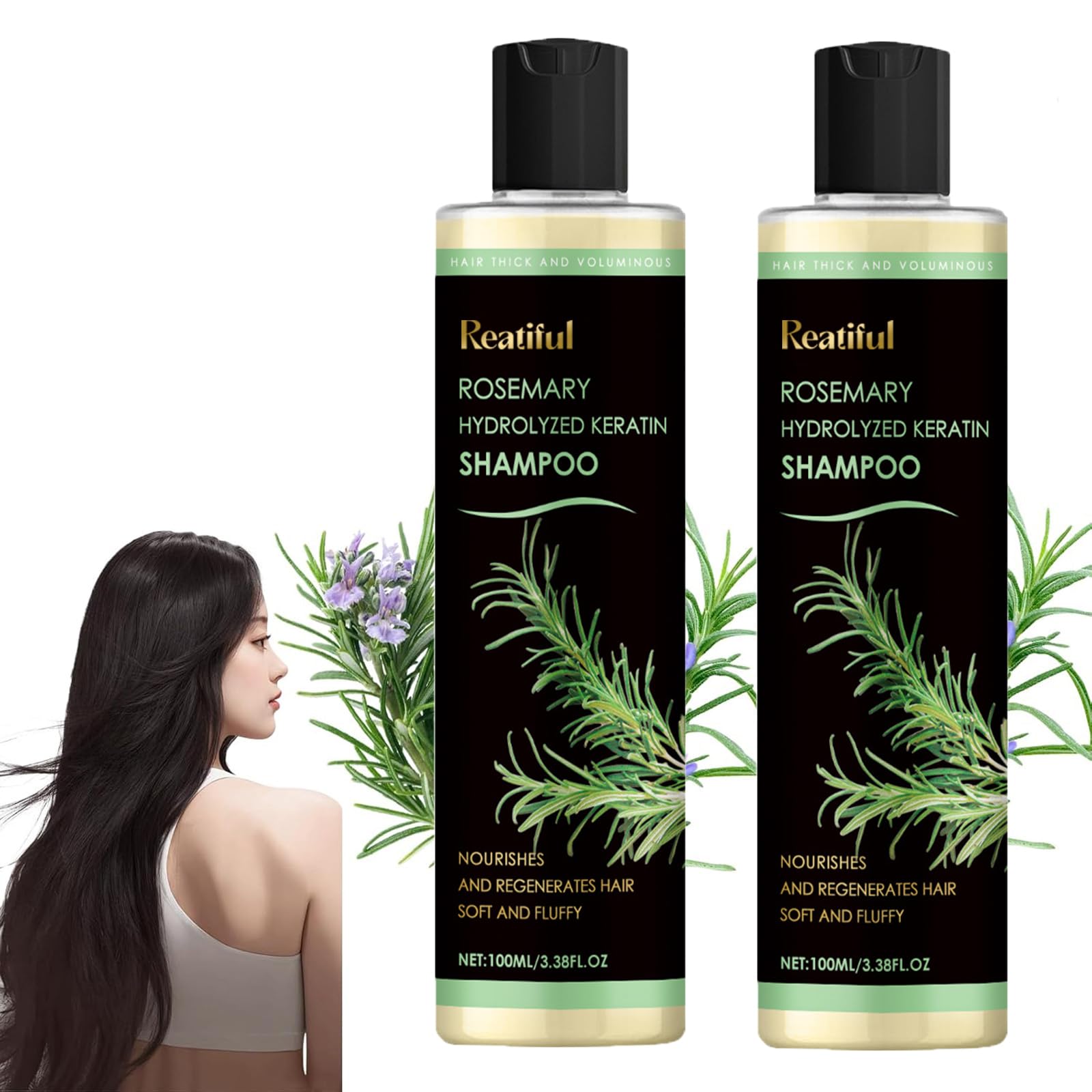 REATIFUL rosemary shampoo bottle shows scalp nourishment and long-lasting moisture