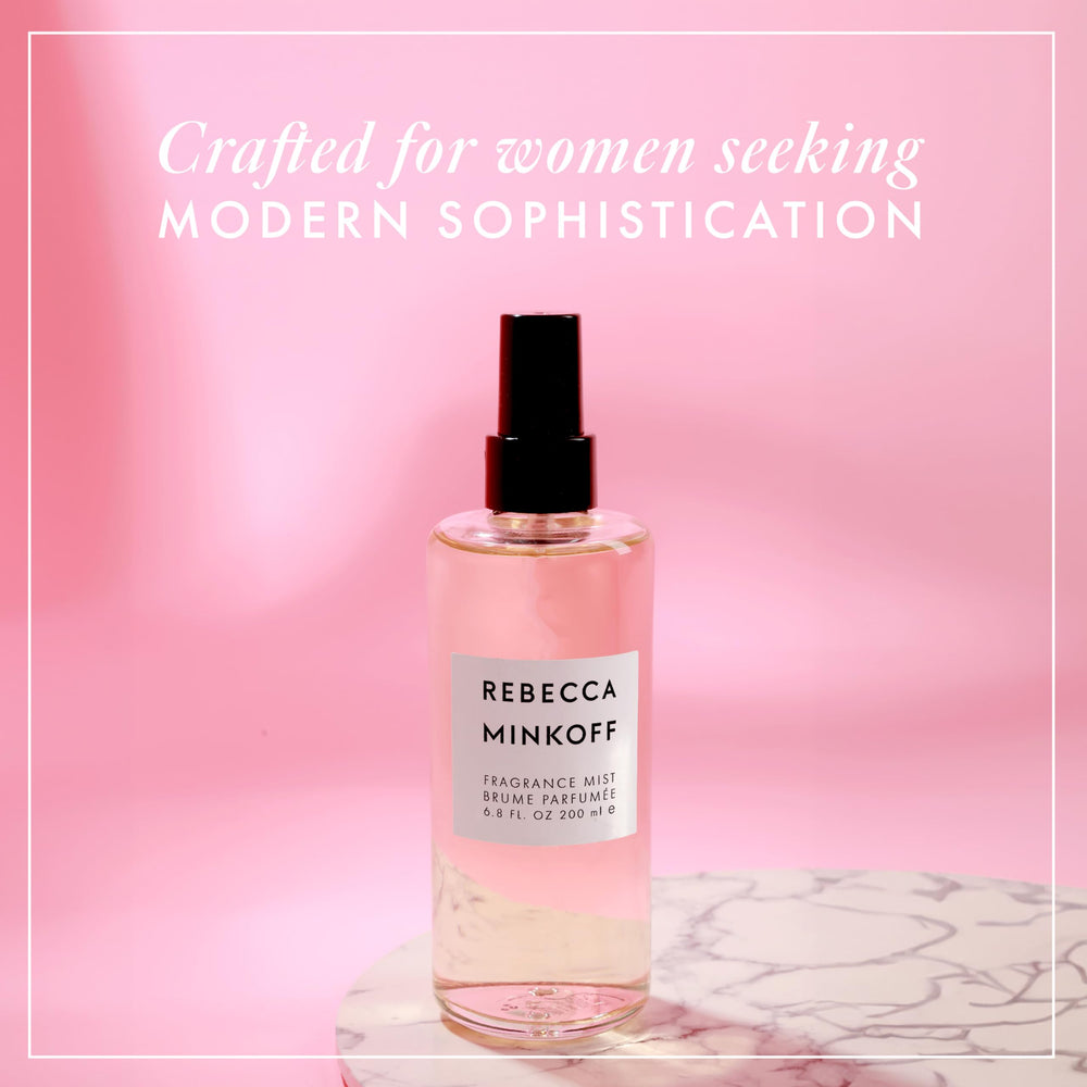 Rebecca Minkoff body spray base notes tonka patchouli labdanum for lasting finish.