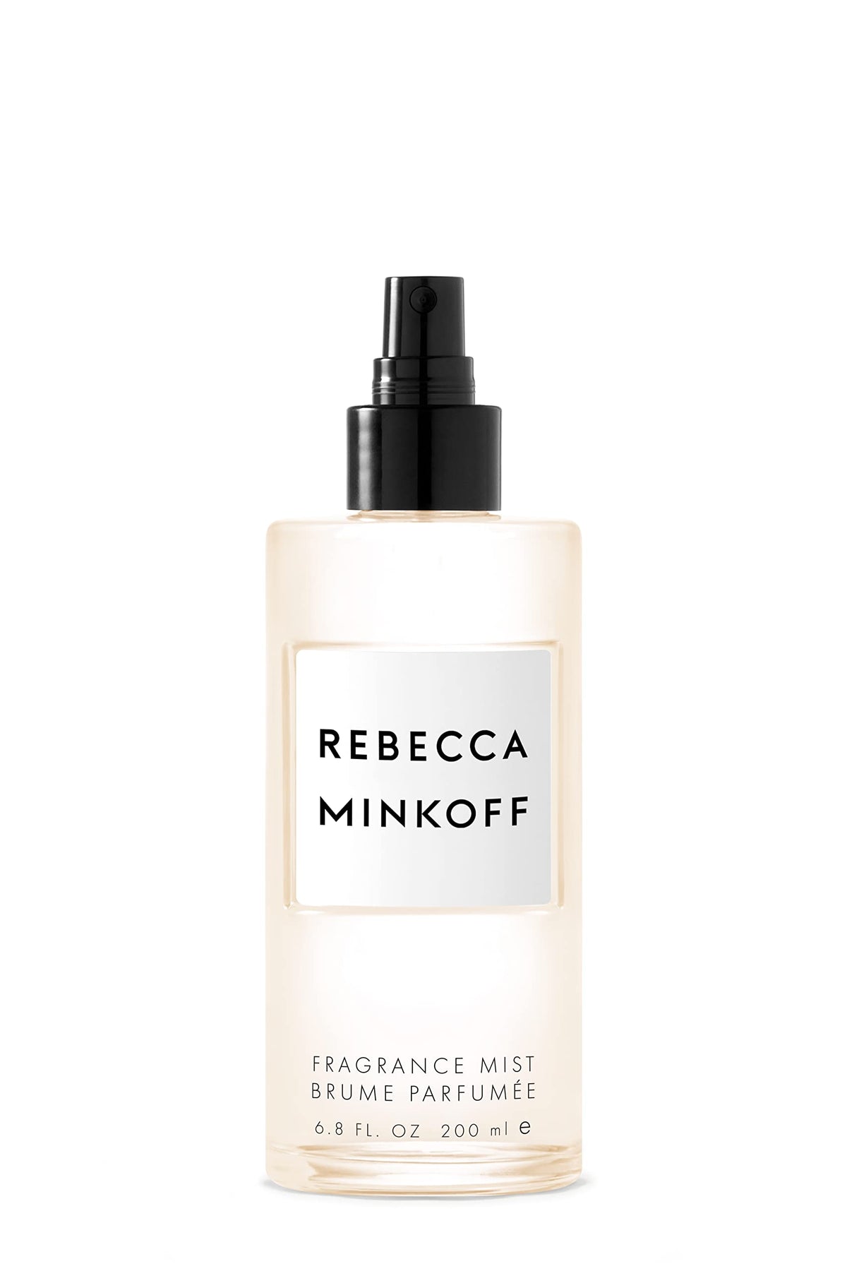 Rebecca Minkoff body spray bottle from the front, premium packaging for daily wear.