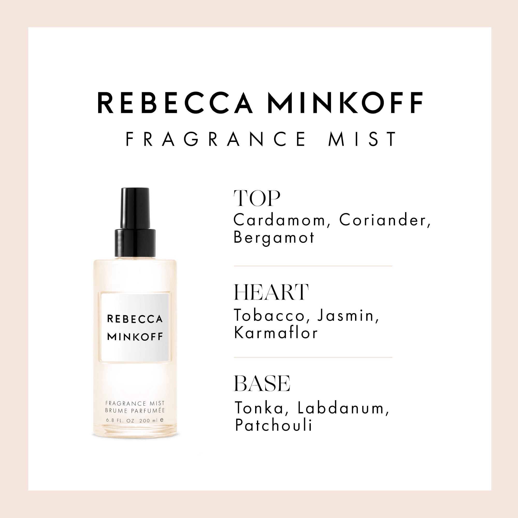 Rebecca Minkoff body spray packaging detail highlights luxurious branding.