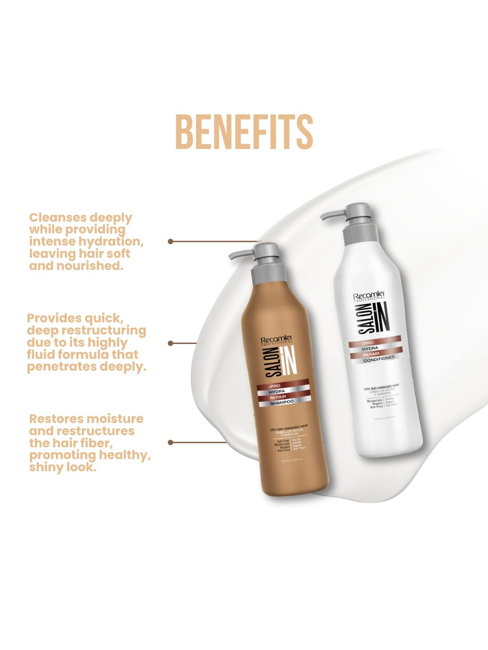 RECAMIER Hydra Repair Conditioner bottle provides lightweight moisture with detangling benefits.