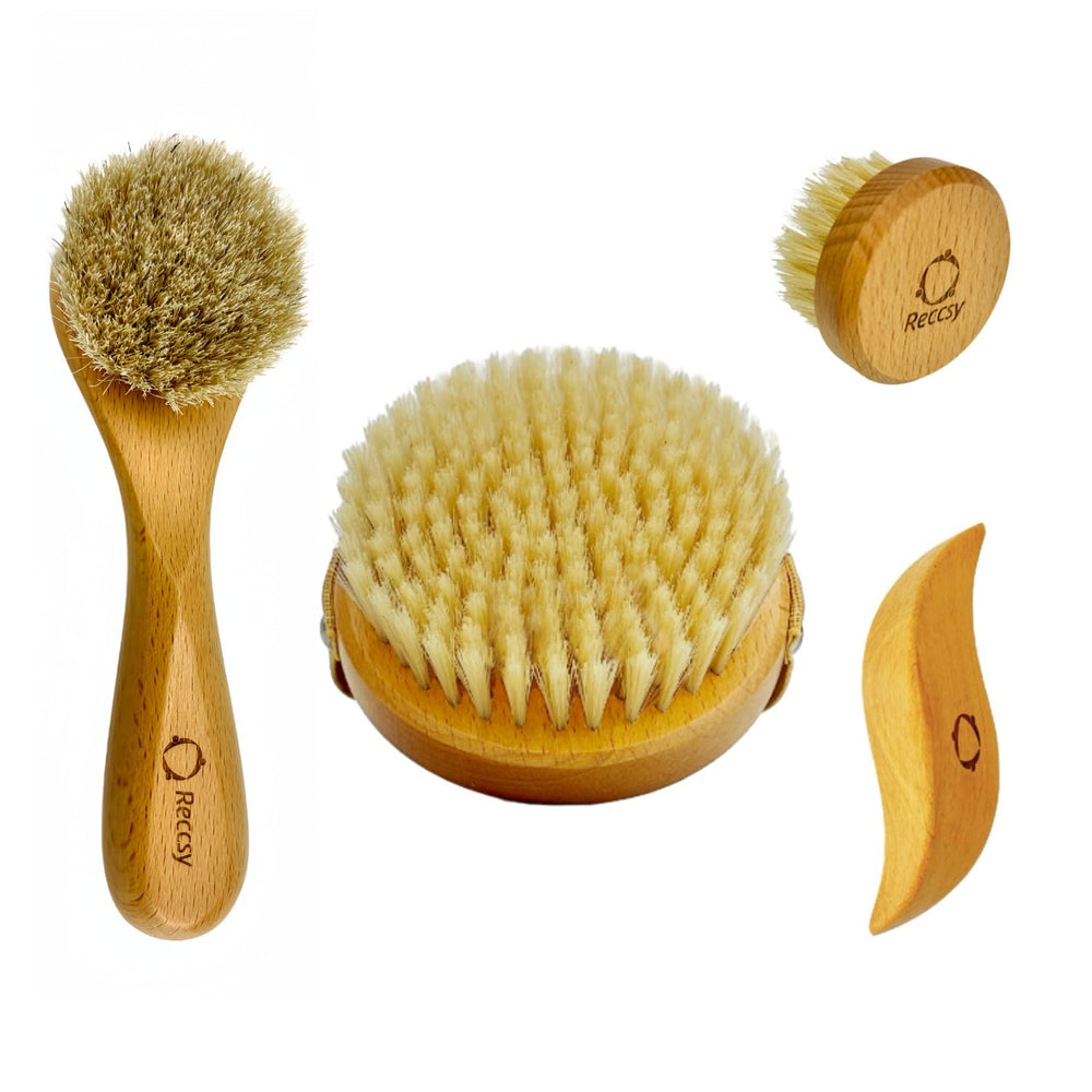 Reccsy dry brushing set packaging shows four exfoliation tools.