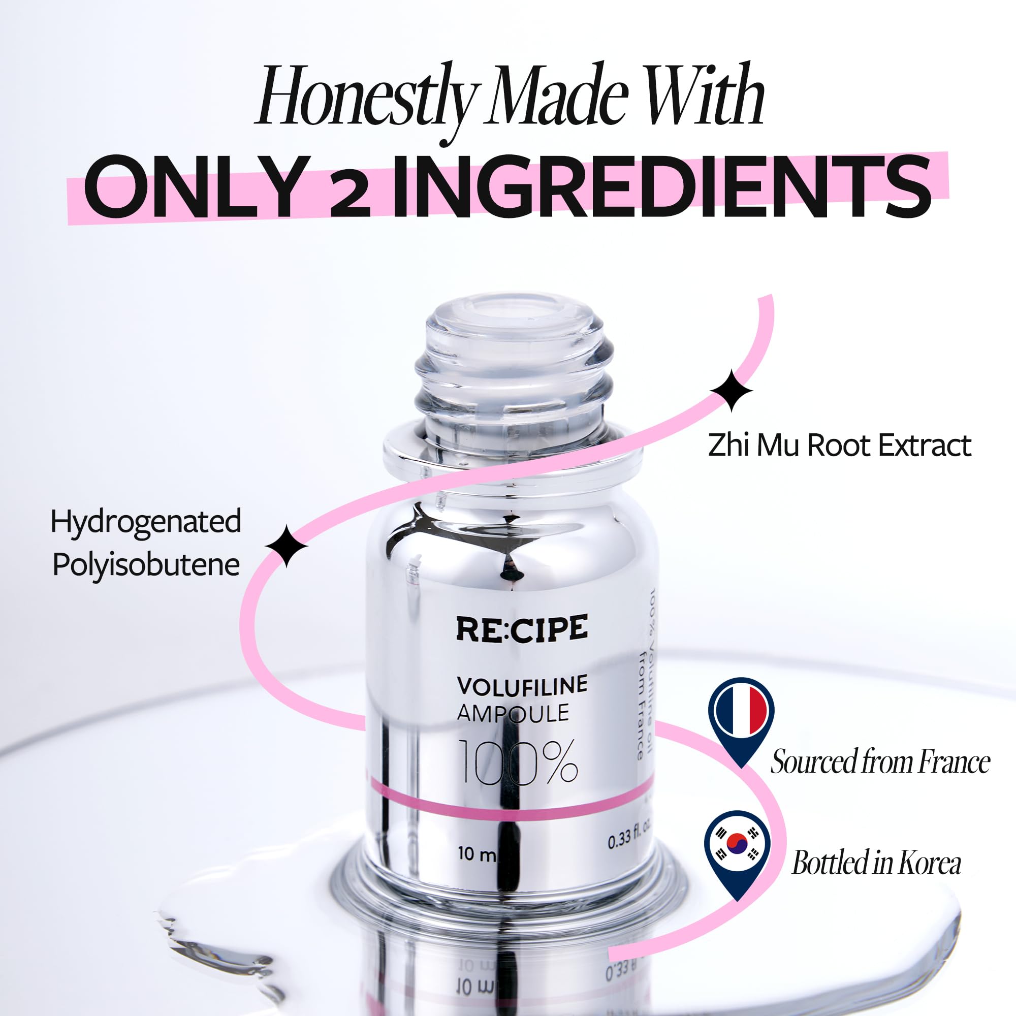 RE:CIPE Volufiline ampoule mix-application shows easy blending into moisturizers for plump, hydrated skin.