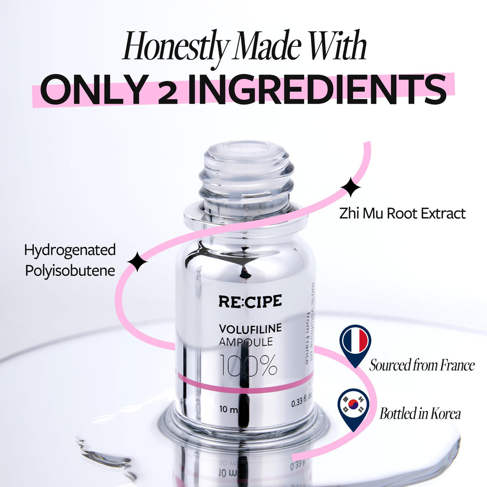 RE:CIPE Volufiline ampoule mix-application shows easy blending into moisturizers for plump, hydrated skin.