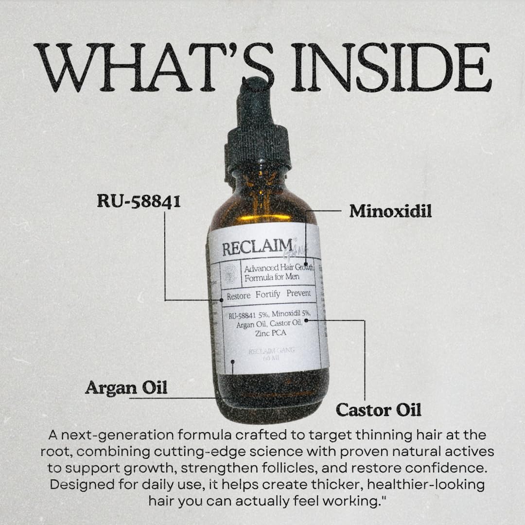 Reclaim Gang RU58841-Minoxidil label closeup highlights key ingredients for scalp health