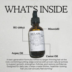 Reclaim Gang RU58841-Minoxidil label closeup highlights key ingredients for scalp health