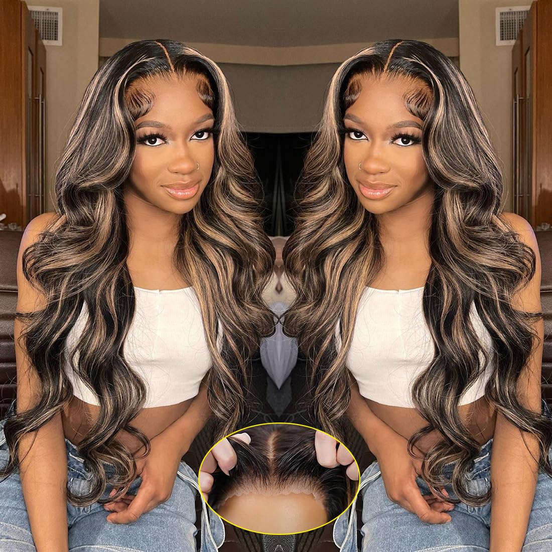 Recomtic highlight glueless wig close-up shows natural parting and a full-bodied ombre body wave for confidence