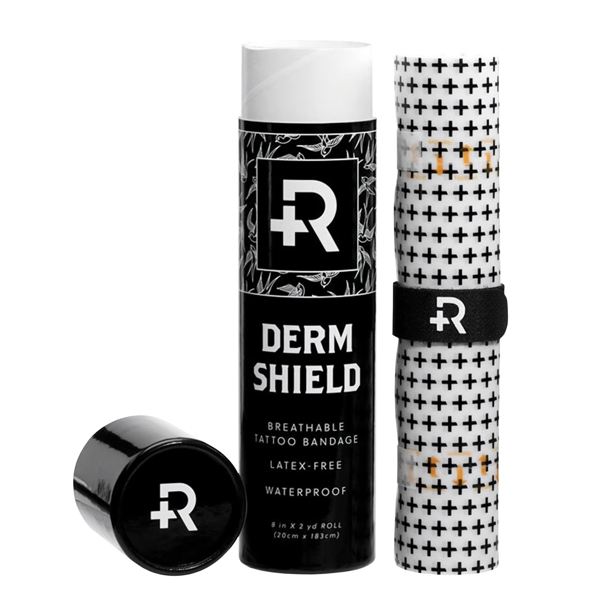 Recovery Aftercare Derm Shield packaging closeup shows latex-free, breathable tattoo cover.