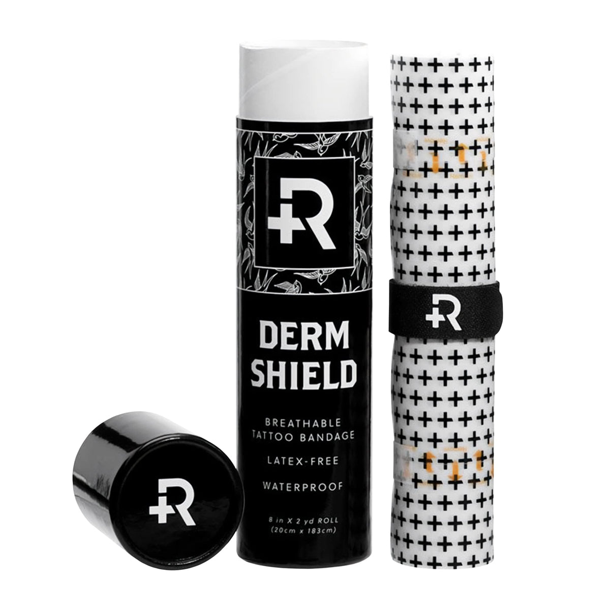 Recovery Aftercare Derm Shield packaging closeup shows latex-free, breathable tattoo cover.