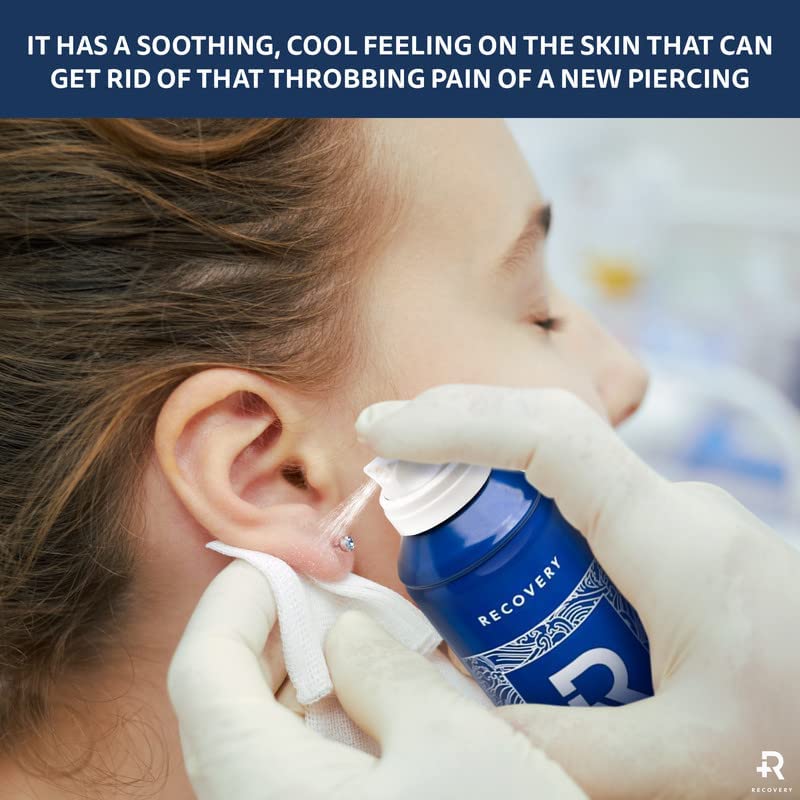 Recovery Aftercare saline piercing spray mist application on skin for hygienic use