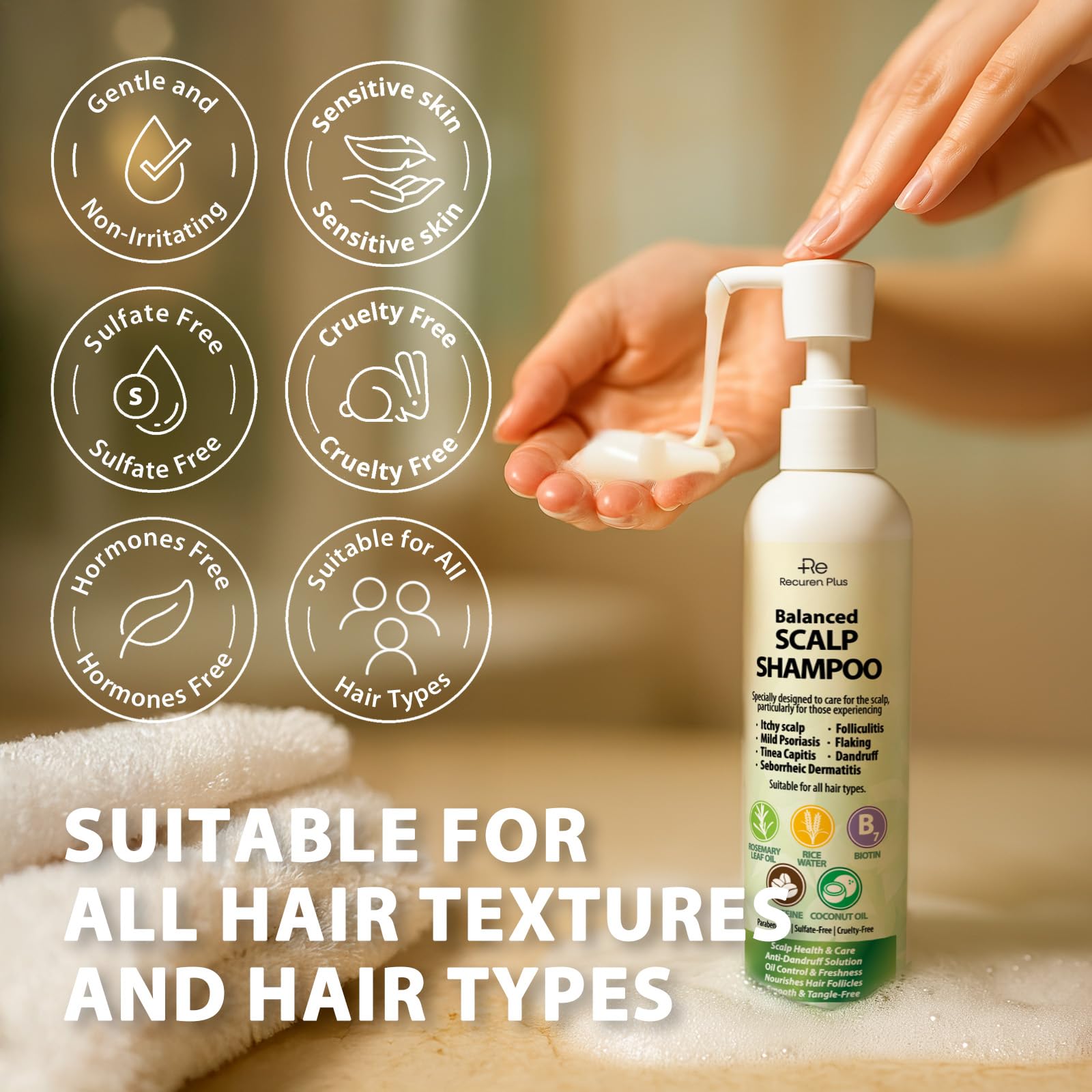 Recuren Plus bottle front signals dandruff relief
